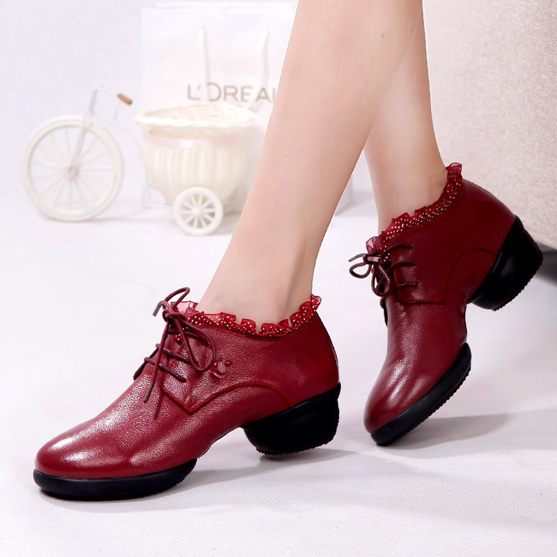 Pantofi de dans pentru femei – Partea superioară: Piele de vită de prim nivel, Talpa: Cauciuc, Toc mediu, Potriviți pentru vară, primăvară și toamnă, Pentru dans modern și dans în pătrat