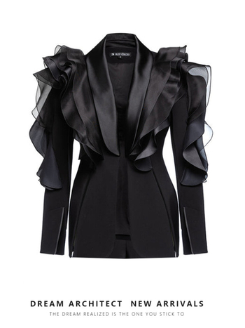 Sacou-blazer slim-fit feminin, cu volane și cusături 3D asimetrice, guler verde-fruct, poliester, primăvara 2025