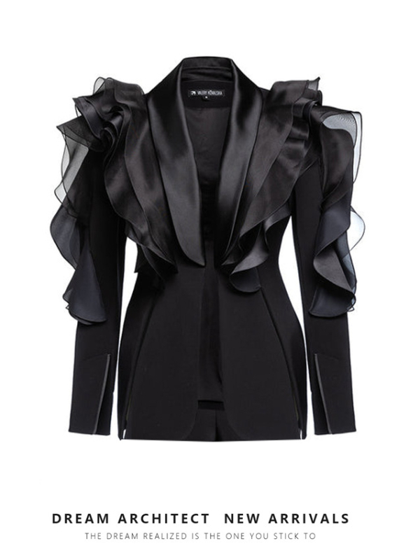 Sacou-blazer slim-fit feminin, cu volane și cusături 3D asimetrice, guler verde-fruct, poliester, primăvara 2025