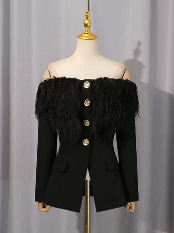 Sacou pentru femei în stil street, croială slim, guler simplu, mâneci lungi, lungime medie 50–65 cm, poliester/elastan, toamnă 2025, cusături cu colaj