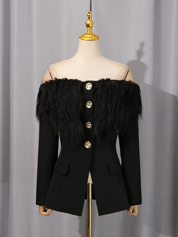 Sacou pentru femei în stil street, croială slim, guler simplu, mâneci lungi, lungime medie 50–65 cm, poliester/elastan, toamnă 2025, cusături cu colaj