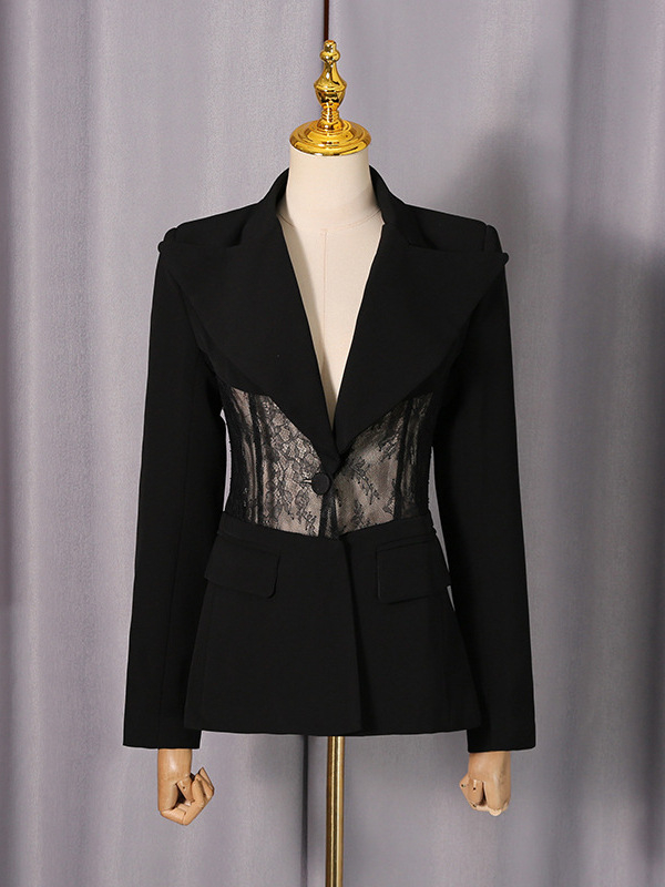 Sacou damă din dantelă cu croială regulată, maneci lungi, închidere simplă, poliester, toamnă 2025