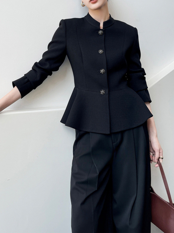 Blazer slim-fit pentru femei, cu guler stand, mâneci lungi, material din amestec de fibre chimice, închidere cu o singură rând de nasturi, stil elegant de birou (Primăvara 2026)