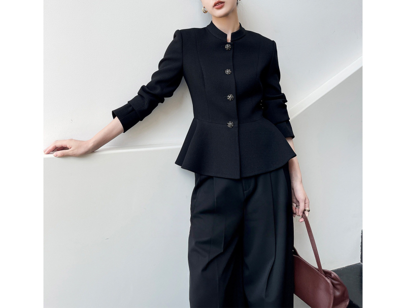 Blazer slim-fit pentru femei, cu guler stand, mâneci lungi, material din amestec de fibre chimice, închidere cu o singură rând de nasturi, stil elegant de birou (Primăvara 2026)