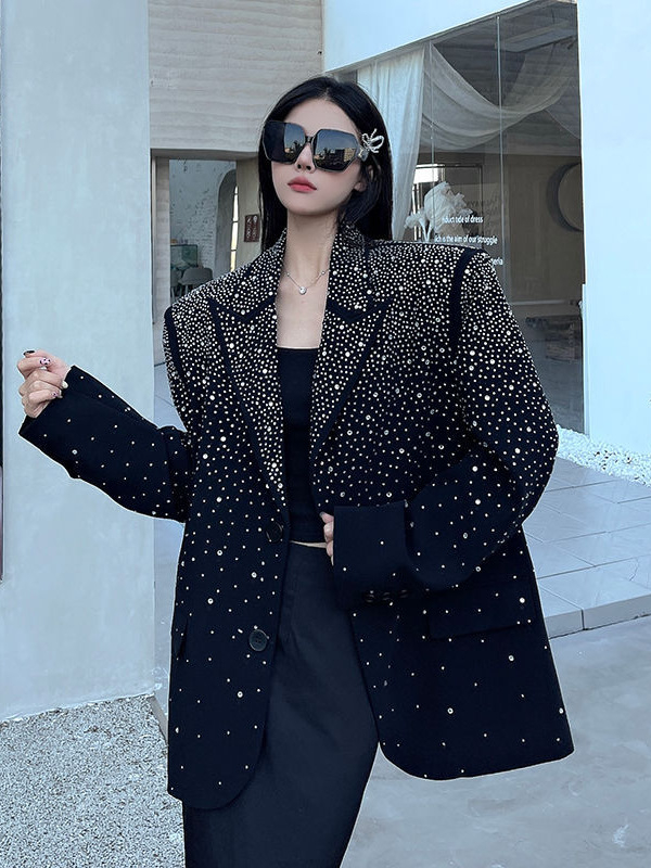 Sacou pentru femei, croială lejeră, guler costum, închidere cu un singur nasture, lungime medie, mâneci lungi, poliester 95%+, toamnă 2024