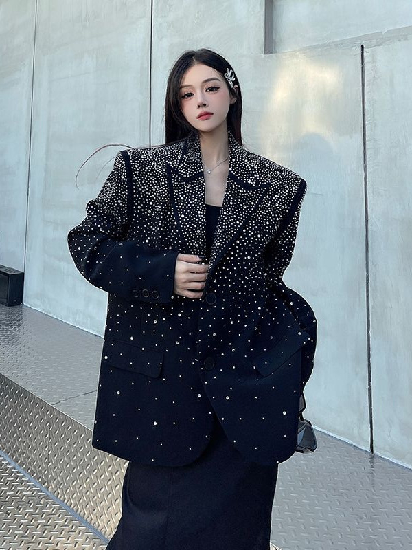 Sacou pentru femei, croială lejeră, guler costum, închidere cu un singur nasture, lungime medie, mâneci lungi, poliester 95%+, toamnă 2024