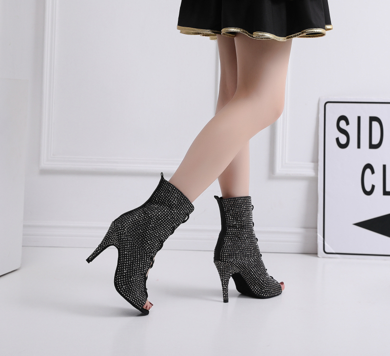 Pantofi de dans - Accente cu diamante pentru dansuri latino și moderne, toc înalt 7,5–11 cm; talpă: cauciuc antiderapant; partea superioară: Alt material; scop: dans modern și latino; caracteristici: respirabile, ușoare, rezistente la uzură, absorb sudoare