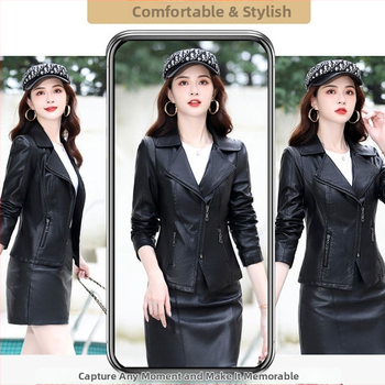 Ženska jakna od umjetne kože sa zatvaračem, ovratnik od sakoa, rukavi princeza stila, Chenille tkanina s elastanom