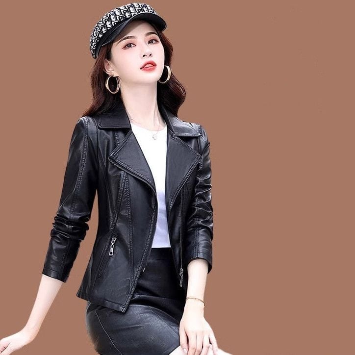 Ženska jakna od umjetne kože sa zatvaračem, ovratnik od sakoa, rukavi princeza stila, Chenille tkanina s elastanom