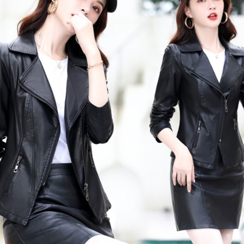 Ženska jakna od umjetne kože sa zatvaračem, ovratnik od sakoa, rukavi princeza stila, Chenille tkanina s elastanom