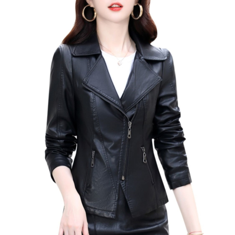 Ženska jakna od umjetne kože sa zatvaračem, ovratnik od sakoa, rukavi princeza stila, Chenille tkanina s elastanom