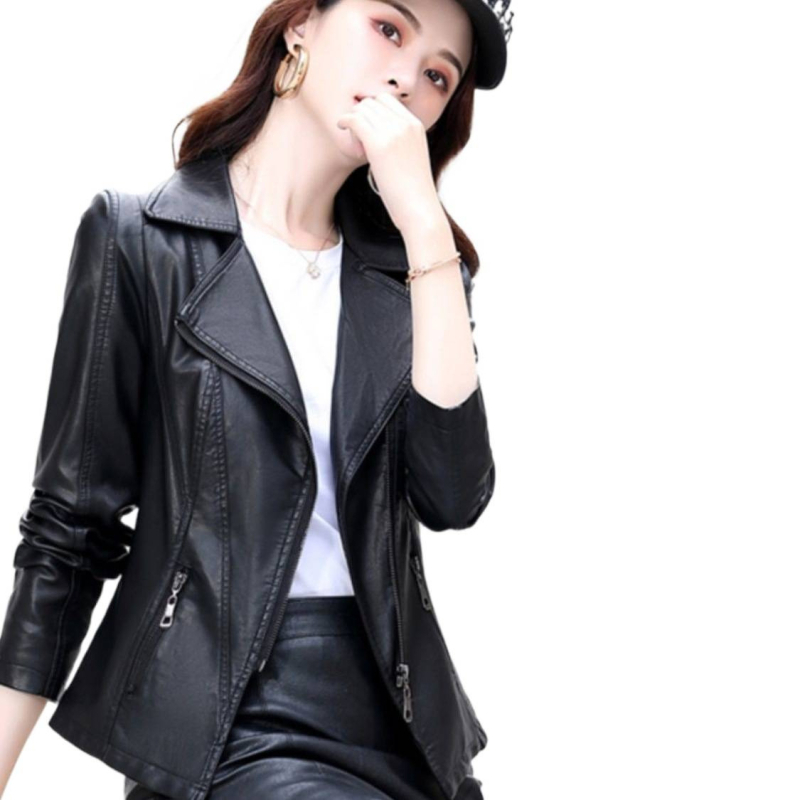 Ženska jakna od umjetne kože sa zatvaračem, ovratnik od sakoa, rukavi princeza stila, Chenille tkanina s elastanom