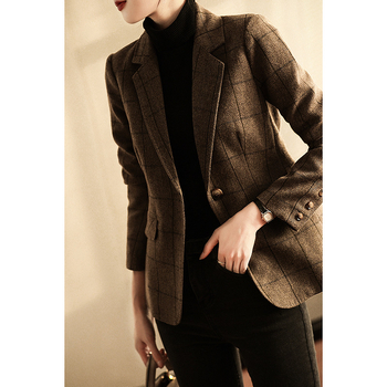 Ženski uski sako-blazer, strukiran kroj, srednja duljina, ovratnik sako, dugi rukavi, jedno kopčanje na gumb, poliester-vuna smjesa, retro stil