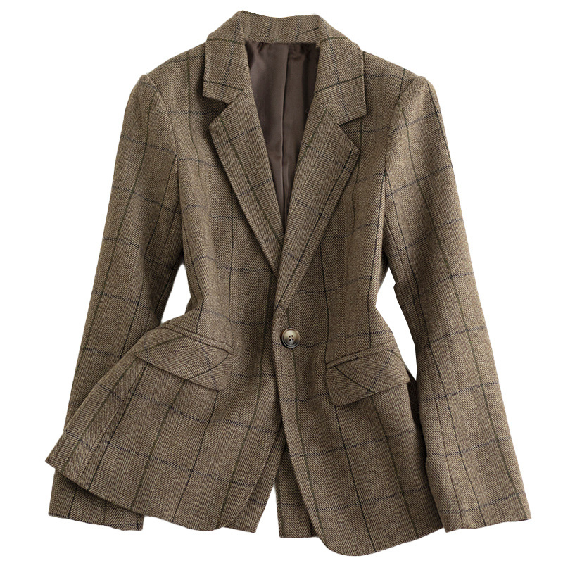 Ženski uski sako-blazer, strukiran kroj, srednja duljina, ovratnik sako, dugi rukavi, jedno kopčanje na gumb, poliester-vuna smjesa, retro stil