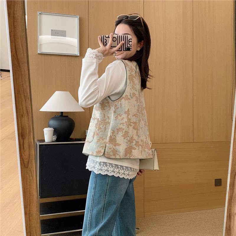 Ženski labavi vest s okruglim izrezom, cvjetni Jacquard uzorak, zatvaranje kopčama, kineski retro stil, proljeće 2025, materijal 95%+
