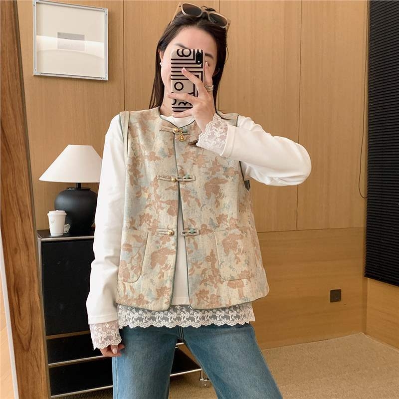 Ženski labavi vest s okruglim izrezom, cvjetni Jacquard uzorak, zatvaranje kopčama, kineski retro stil, proljeće 2025, materijal 95%+