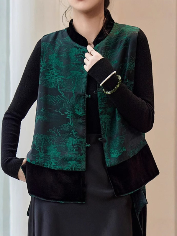 Vestă reversibilă pentru femei fără mâneci — guler rotund, croială lejeră, poliester ≥95%, căptușeală viscose, închidere cu nasturi pe un rând