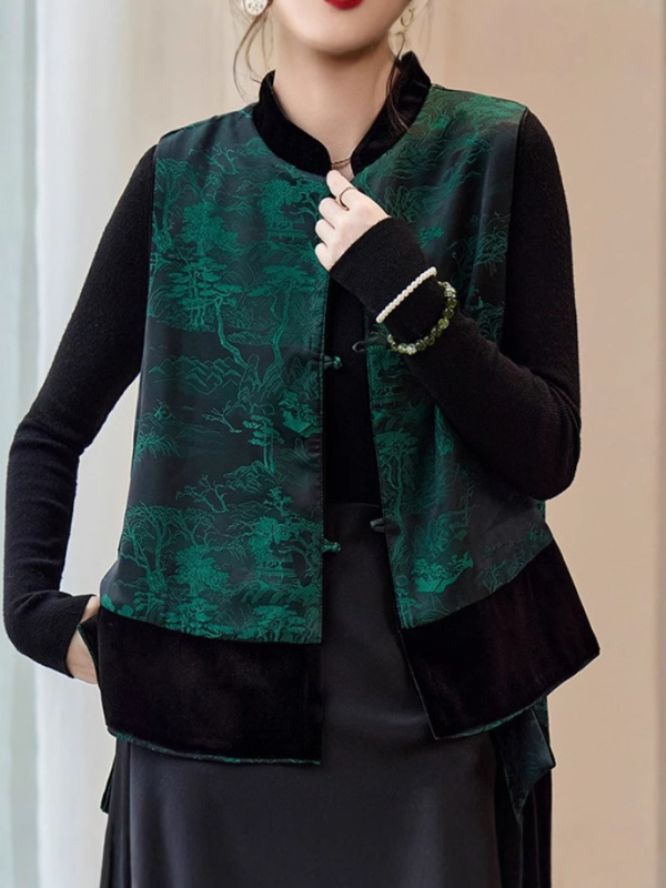 Vestă reversibilă pentru femei fără mâneci — guler rotund, croială lejeră, poliester ≥95%, căptușeală viscose, închidere cu nasturi pe un rând