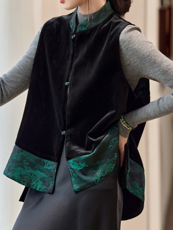 Vestă reversibilă pentru femei fără mâneci — guler rotund, croială lejeră, poliester ≥95%, căptușeală viscose, închidere cu nasturi pe un rând