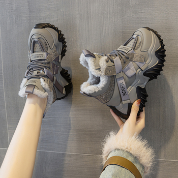 Дамски обувки с платформа за ежедневието, топла плюшена подплата, кръгъл нос, горна част от микрофибърна кожа, подплата от памук, подметка от полиуретан, предно връзване, височина на платформата 6-8 cm