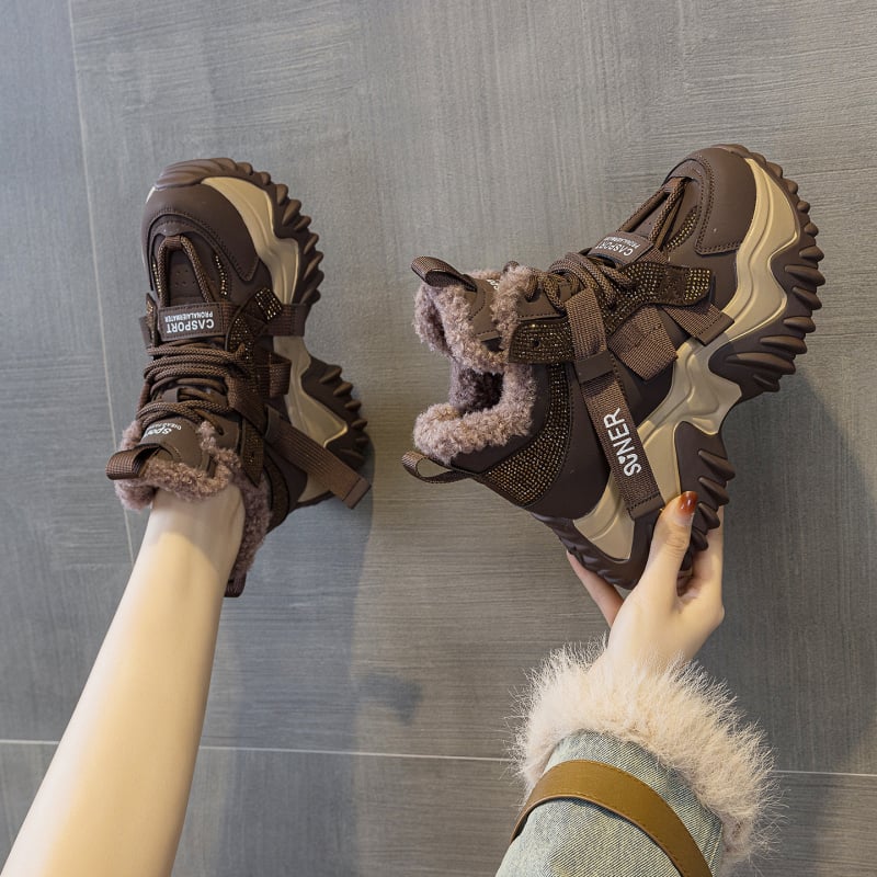 Дамски обувки с платформа за ежедневието, топла плюшена подплата, кръгъл нос, горна част от микрофибърна кожа, подплата от памук, подметка от полиуретан, предно връзване, височина на платформата 6-8 cm