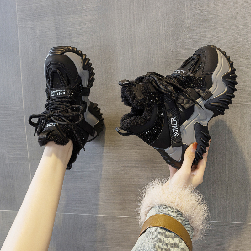 Дамски обувки с платформа за ежедневието, топла плюшена подплата, кръгъл нос, горна част от микрофибърна кожа, подплата от памук, подметка от полиуретан, предно връзване, височина на платформата 6-8 cm