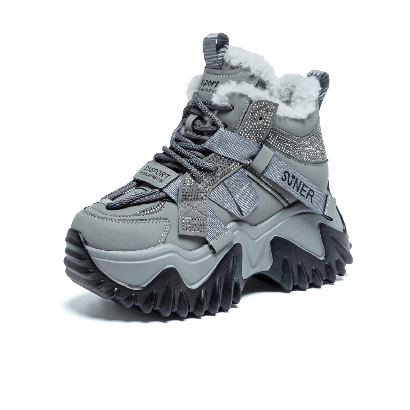 Дамски обувки с платформа за ежедневието, топла плюшена подплата, кръгъл нос, горна част от микрофибърна кожа, подплата от памук, подметка от полиуретан, предно връзване, височина на платформата 6-8 cm