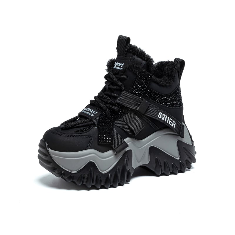 Дамски обувки с платформа за ежедневието, топла плюшена подплата, кръгъл нос, горна част от микрофибърна кожа, подплата от памук, подметка от полиуретан, предно връзване, височина на платформата 6-8 cm