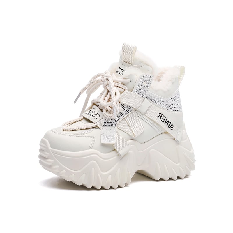 Дамски обувки с платформа за ежедневието, топла плюшена подплата, кръгъл нос, горна част от микрофибърна кожа, подплата от памук, подметка от полиуретан, предно връзване, височина на платформата 6-8 cm