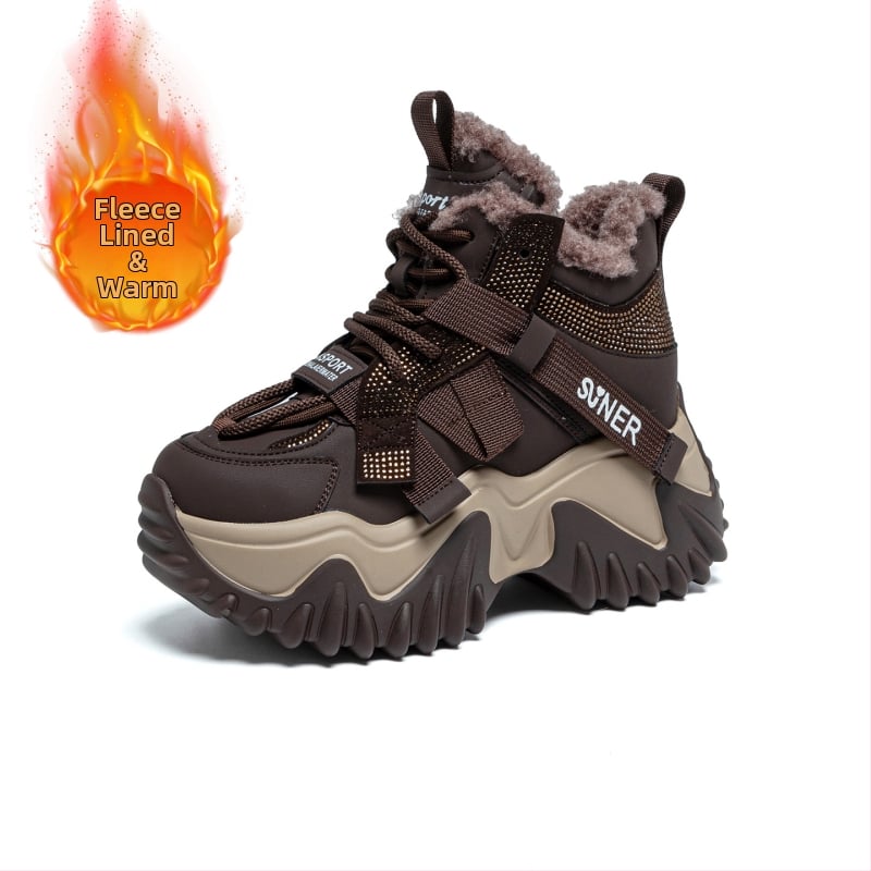 Дамски обувки с платформа за ежедневието, топла плюшена подплата, кръгъл нос, горна част от микрофибърна кожа, подплата от памук, подметка от полиуретан, предно връзване, височина на платформата 6-8 cm