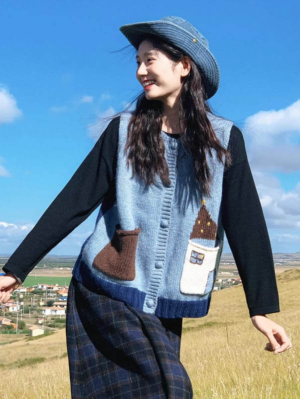 Cardigan cu model geometric, guler rotund, croială lejeră, fibră acrilică 50-70%