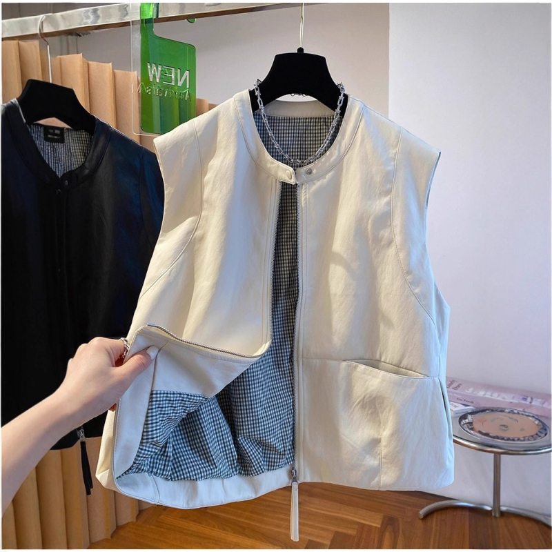 Ženski PU kožni prsluk jakna, korejski stil kardigan, zatvarač, slobodan kroj, jesen 2025