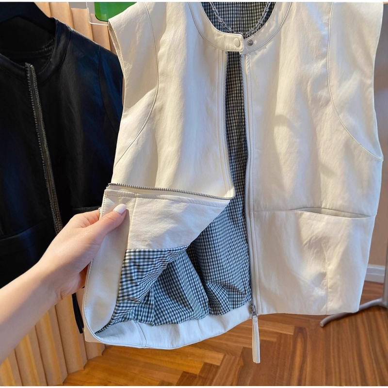 Ženski PU kožni prsluk jakna, korejski stil kardigan, zatvarač, slobodan kroj, jesen 2025