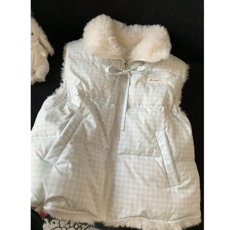 Dvostrano nošena bezruk vest od poliestera, japansko-korejski casual stil, regularna duljina, okrugli izrez, životinjski uzorak, tkanina: poliester, punilo: poliester