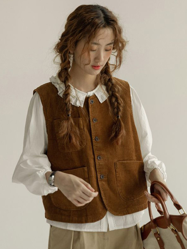 Ženski corduroy vest, gumbasti stil, okrugli ovratnik, duljina 50–65 cm, jesen 2025