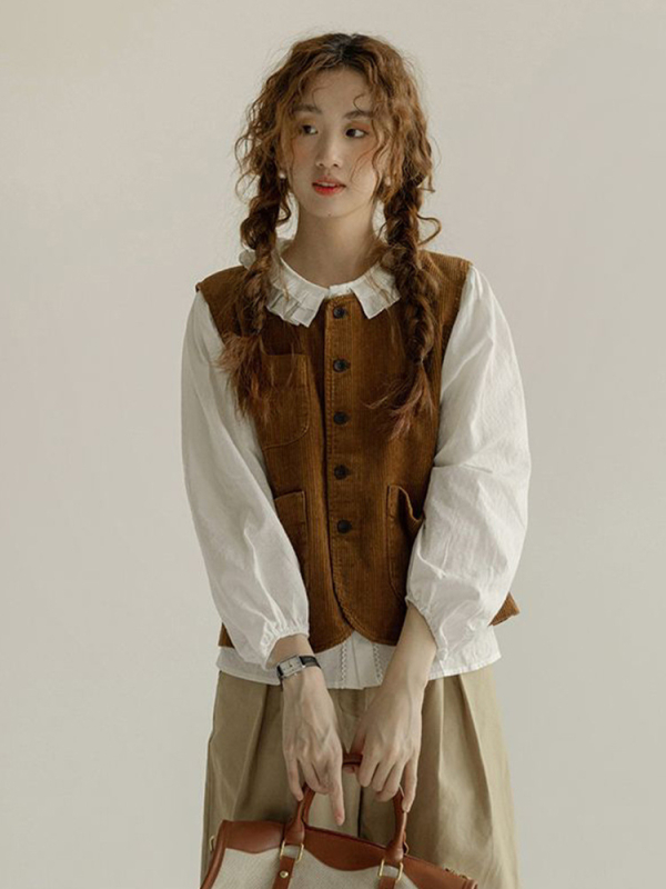 Ženski corduroy vest, gumbasti stil, okrugli ovratnik, duljina 50–65 cm, jesen 2025