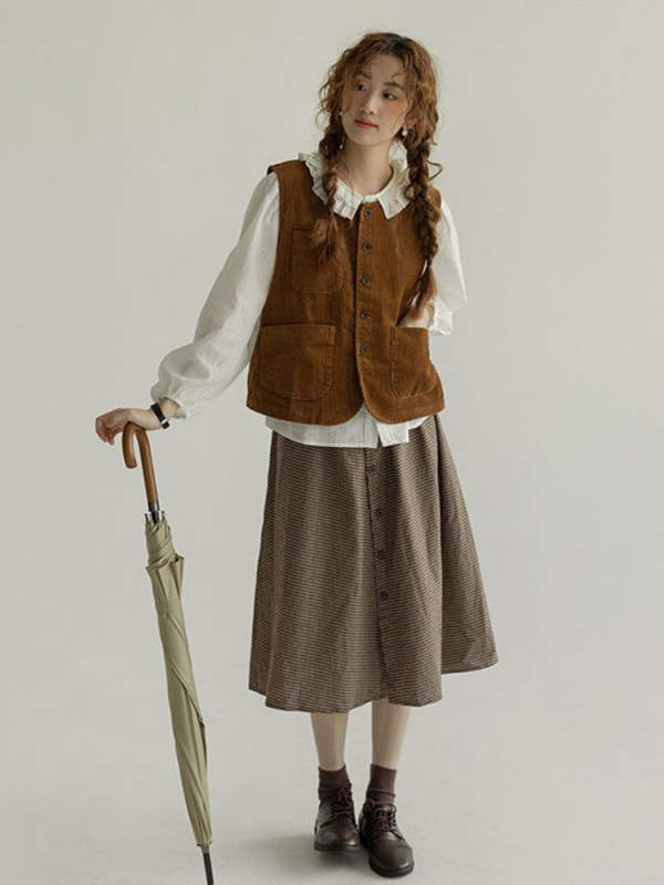 Ženski corduroy vest, gumbasti stil, okrugli ovratnik, duljina 50–65 cm, jesen 2025
