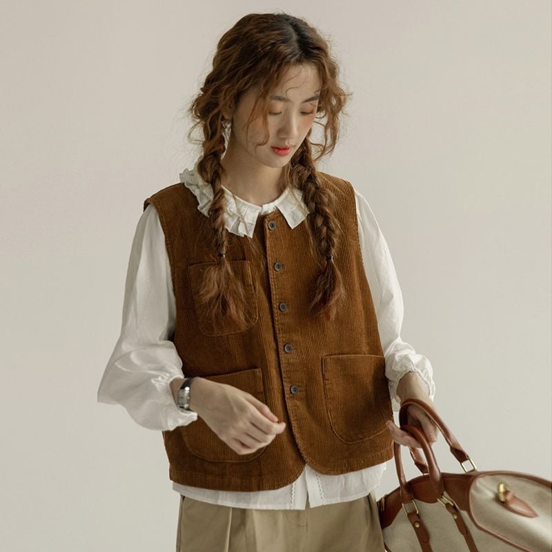 Ženski corduroy vest, gumbasti stil, okrugli ovratnik, duljina 50–65 cm, jesen 2025