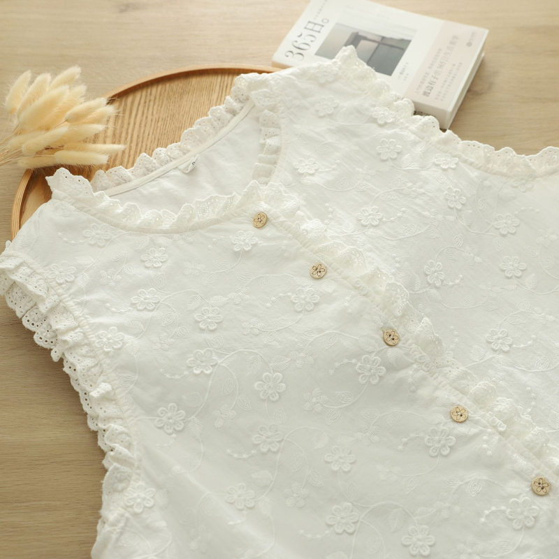 Izšivena pamuk jacquard bez rukava vest s čipkastim ovratnikom, kopčanje na jedan red, 80–90% pamuka, jesen 2025