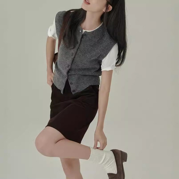 Cardigan-vest pentru femei — amestec lână-bumbac, guler rotund, închidere cu un nasture, stil casual japonez-coreean