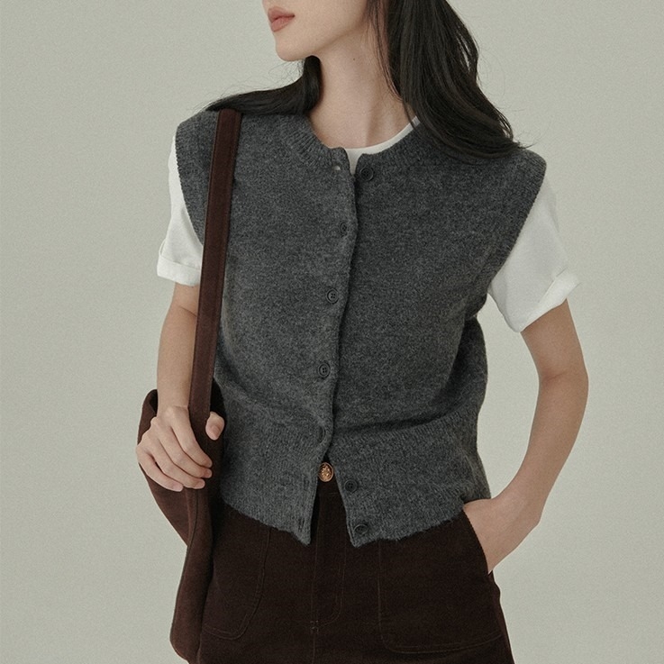 Cardigan-vest pentru femei — amestec lână-bumbac, guler rotund, închidere cu un nasture, stil casual japonez-coreean