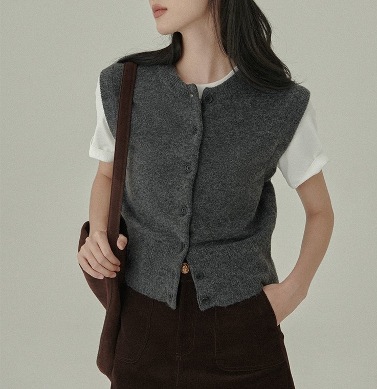 Cardigan-vest pentru femei — amestec lână-bumbac, guler rotund, închidere cu un nasture, stil casual japonez-coreean