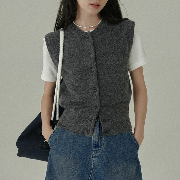 Cardigan-vest pentru femei — amestec lână-bumbac, guler rotund, închidere cu un nasture, stil casual japonez-coreean