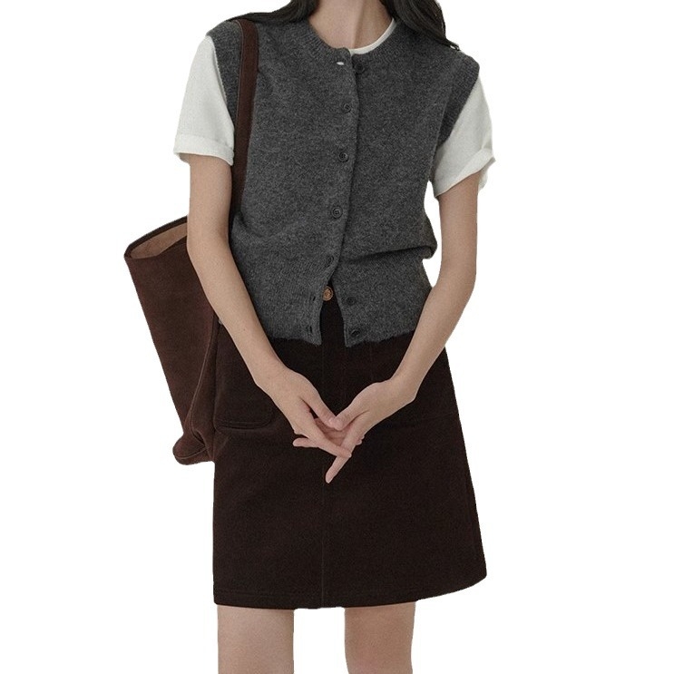Cardigan-vest pentru femei — amestec lână-bumbac, guler rotund, închidere cu un nasture, stil casual japonez-coreean