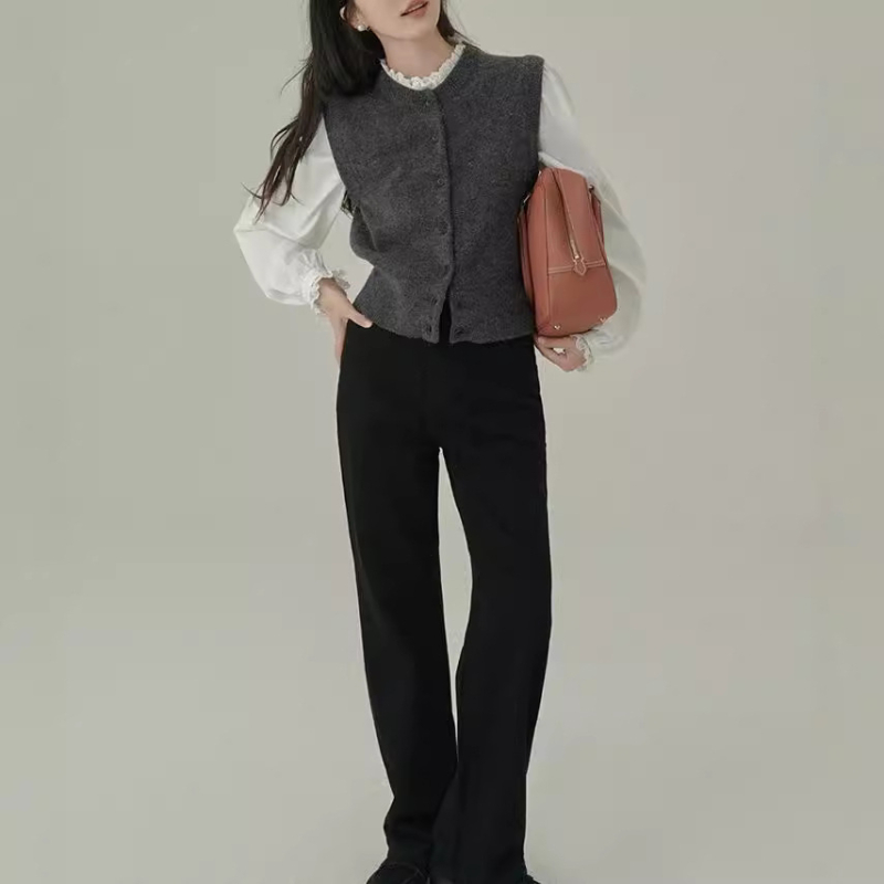 Cardigan-vest pentru femei — amestec lână-bumbac, guler rotund, închidere cu un nasture, stil casual japonez-coreean