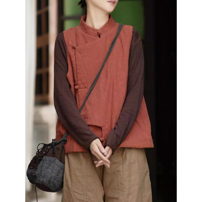 Vesta feminină cu guler rotund, din material quilted, bumbac-lină, 95%+ bumbac, stil retro