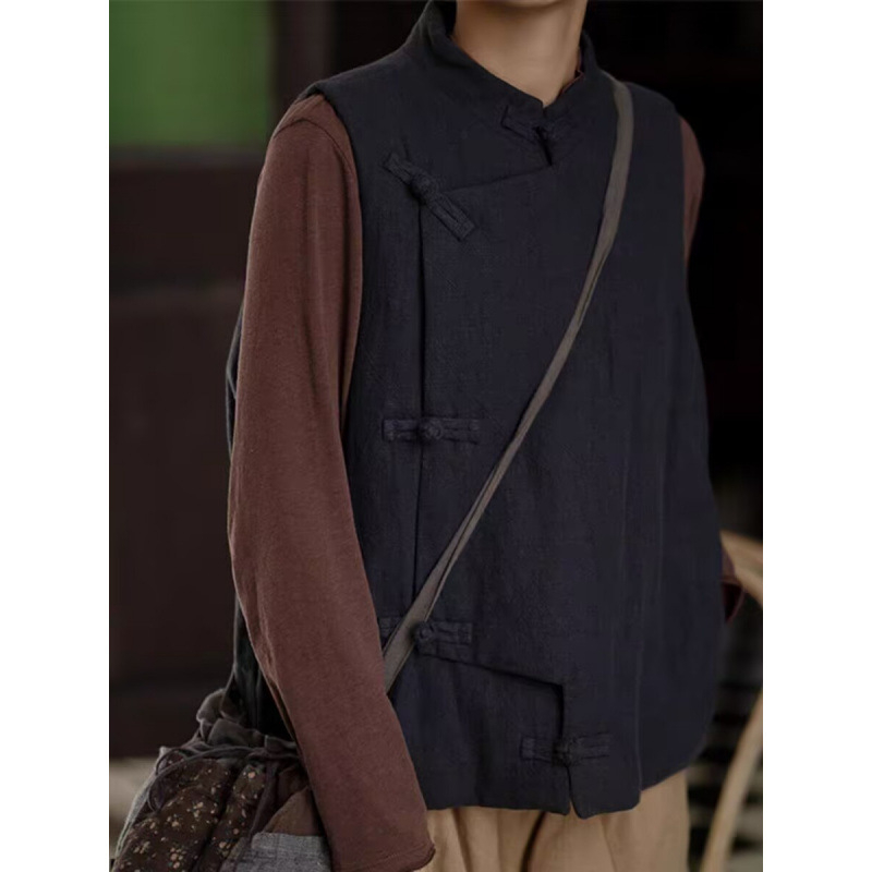 Vesta feminină cu guler rotund, din material quilted, bumbac-lină, 95%+ bumbac, stil retro