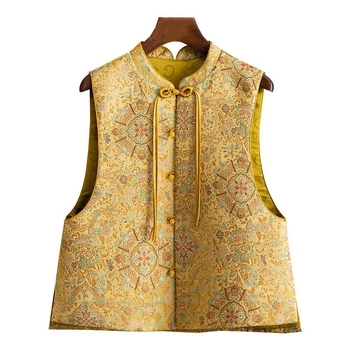 Ženski kineski stil veste s visokim stojećim ovratnikom, bez rukava, Tang inspiriran dizajnom, prednje kopčanje gumbima