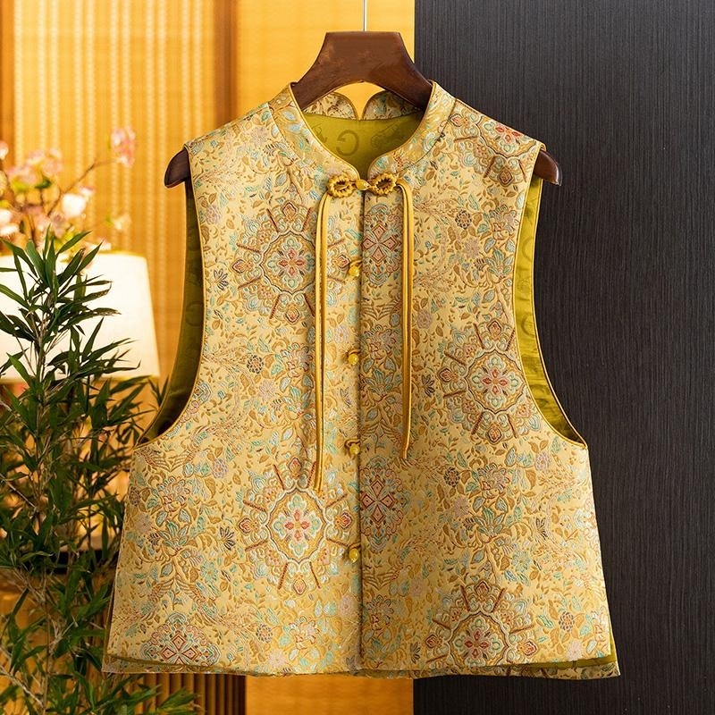 Ženski kineski stil veste s visokim stojećim ovratnikom, bez rukava, Tang inspiriran dizajnom, prednje kopčanje gumbima