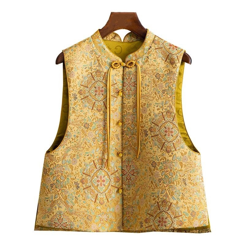 Ženski kineski stil veste s visokim stojećim ovratnikom, bez rukava, Tang inspiriran dizajnom, prednje kopčanje gumbima